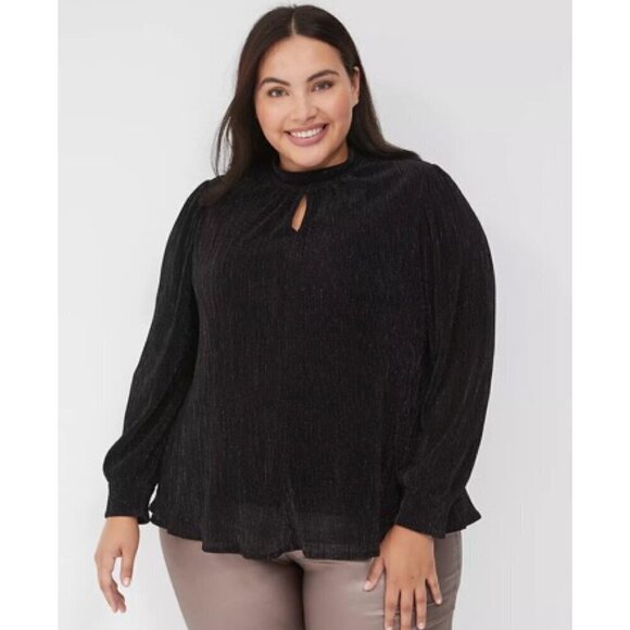 Lane Bryant Black Metallic Swing Lurex Mock Neck Plisse Top - Picture 1 of 6
